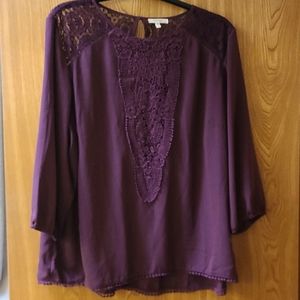 Maurice's size 2x Plum crepe top with lace yoke and lace trim on front.